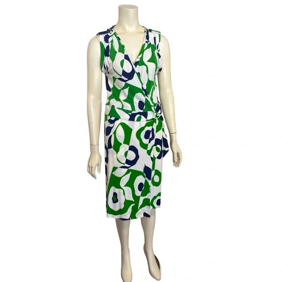 BANANA REPUBLIC Green White Blue Abstract Floral Sleeveless Midi Wrap Dress  M